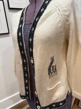 Vintage Cream Knit Cardigan with Black Trim and llama  Motif, M/L